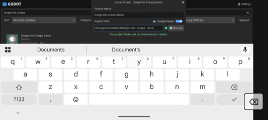 Saving the project to /sdcard/GodotProjects