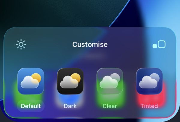 The iOS 26 Customize sheet with Default, Dark, Clear and Tinted