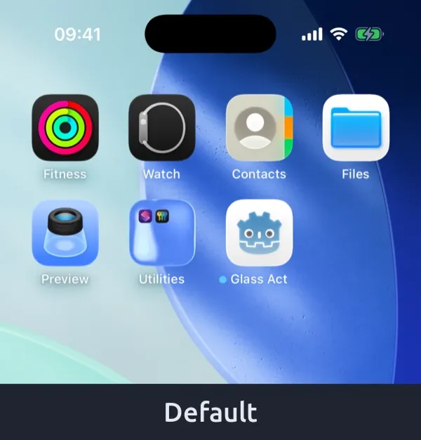 The Godot game icon on an iOS 26 home screen in Default, Dark, Clear and Tinted styles