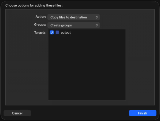 The Xcode dialog for adding the .icon, with Copy files to destination and the target ticked