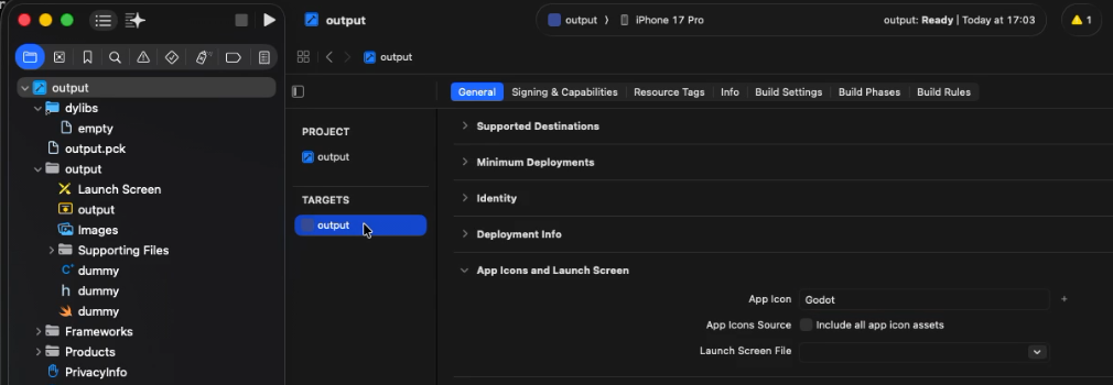 The Xcode General tab with App Icon set to Godot